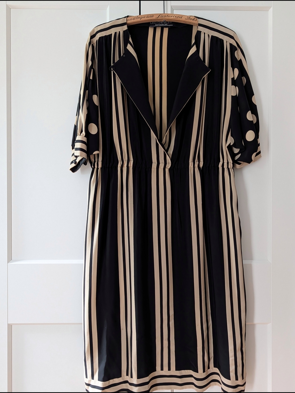 Black and Beige Striped Midi Dress with V-Neck